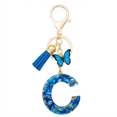 Blauwe letter C sleutelhanger met kwastje en vlinder – sleutelhanger voor dames – goudkleurige metalen keychain met acryl initiaal C hanger, decoratieve bedel en tassel