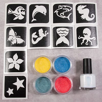 Grimas Sparkling Aqua Set - Glitter Tattoo Set - Plastic Vrij - Sjablonen, Glitters & Body Glue