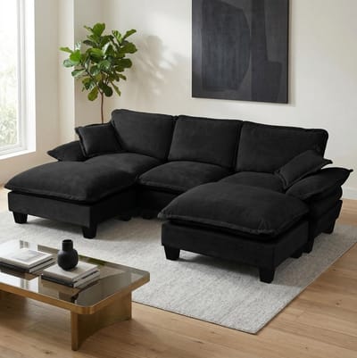 HAUSS SPOLE U-Bank - Modulaire Cloud Hoekbank - Met 2 Verplaatsbare Ottomanen - Voor Woonkamer En Appartement - Chenille Zwart