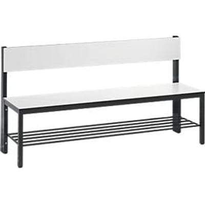 Basic Plus bank, 1-zijdig, rugleuning, met schoenenrek, 4-poots onderstel zwartgrijs RAL 7021, B 1500 mm, decor wit
