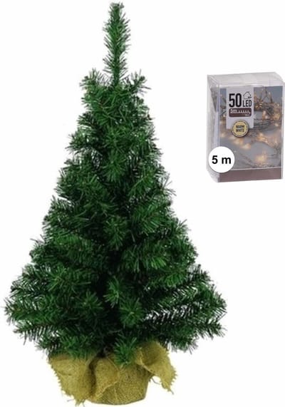 Decoris - Kleine kerstboom 45 cm - groen - met warm witte kerstverlichting - sfeer boompje - kantoor - vensterbank