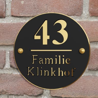 Naambordje voordeur - Huisnummerbord - Rond - 25 cm - zwart/goud - RVS afstandshouders