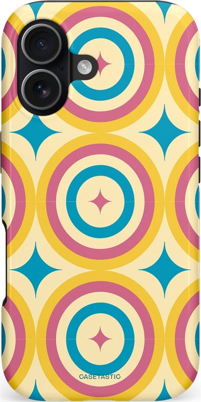 Casetastic hoesje geschikt voor Apple iPhone 17 - MagSafe - Dubbellaagse bescherming - Swinging Retro Boogie Circles - Fashion Case - Crème Goud Lichtblauw Koraal