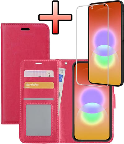 Hoesje - Met Screenprotector - Geschikt voor Samsung Galaxy A27 - Luxe Pasjeshouder - Bookcase Portemonee - Flip Case - Kunstleer Book Case - Flipcase - Book Cover - Walletcase - Portemonneehoes - Donkerroze