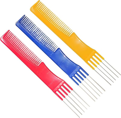 Haarkam Set - Plagerkam Stylingkam - Haar Stylen - Metalen Prikker - 3 Stuks - Blauw Geel Rood