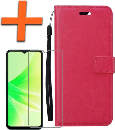 Hoes - Met Screenprotector - Geschikt voor OPPO A17 - Luxe Pasjeshouder - Bookcase Portemonee - Flip Case - Kunstleer Book Case - Flipcase - Book Cover - Walletcase - PortemonneeHoes - Donkerroze