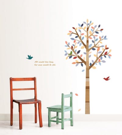Decoratieve muurstickers met een boom en vogels.