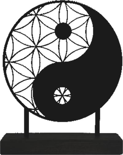 Decoratie yin-yang- metaal gepoedercoat - mat zwart - 35cm doorsnede - sokkel hout