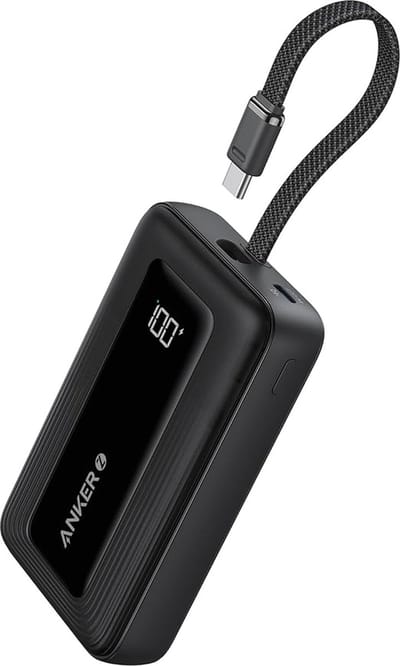 Anker Zolo Powerbank - 20.000mAh - 30W - Geïntegreerde USB-C Kabel - 1x USB-C & 1x USB-A Poort - Zwart - Compact & Draagbaar Ontwerp