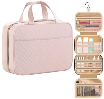 Cosmetische tas - Cosmetische tas voor dames - Make-up reistas met grote inhoud - waterdicht - Hangende cosmetische tas met haak(roze）-27.9x18.8x7.6cm