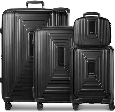 Redolz Essentials14 4-wiel kofferset Beautycase 4st met uitklapbaar laptopvak - Harde bagage - TSA slot - black metallic