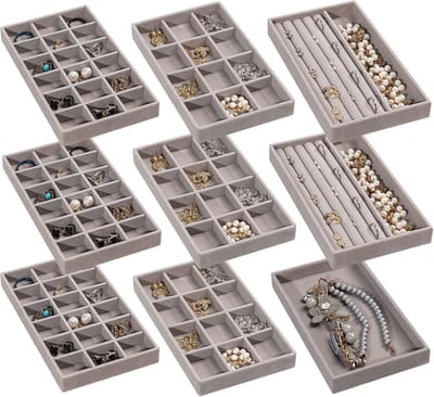 Famanu – Sieraden organizer trays, stapelbare fluwelen lade-inserts voor ringen, oorbellen en kettingen, set van negen