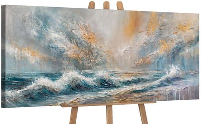 Canvas schilderij panoramisch 115x50 handgeschilderd zeeochtend maritiem zonsopgang – YS-Art Gallery – Rustgevende wanddecoratie voor woonkamer – Modern schilderij voor hal