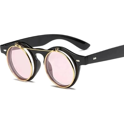 Mode Vintage Rond Stoompunk Flip-Up Zonnebril UV400 Dubbellaags Schelpontwerp Zonnebril Oculos De Sol 1PC black