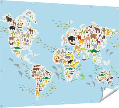 Gards Tuinposter Wereldkaart met Dieren - 160x120 cm - Tuindoek - Tuindecoratie - Wanddecoratie buiten - Tuinschilderij