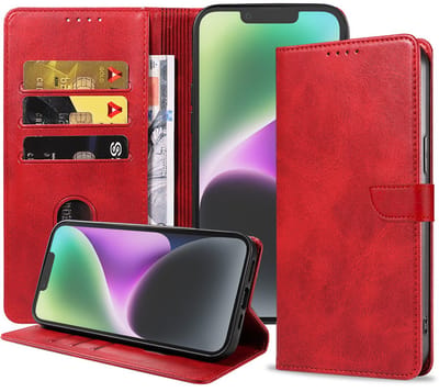 Geschikt voor iPhone 14 Telefoonhoesje Kunstleer met Magnetisch lipje en Pasjeshouder Book Case met Klepje - Rood - Smartphonica geschikt voor iPhone 14