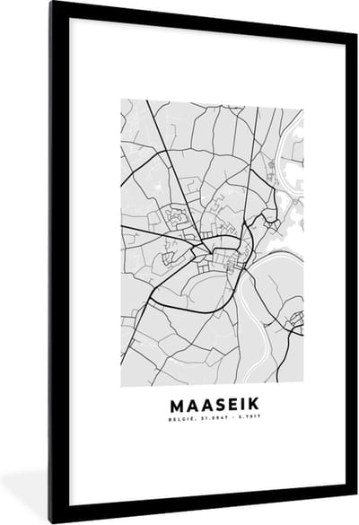 Fotolijst incl. Poster Zwart Wit- België – Maaseik – Stadskaart – Kaart – Zwart Wit – Plattegrond - 80x120 cm - Posterlijst