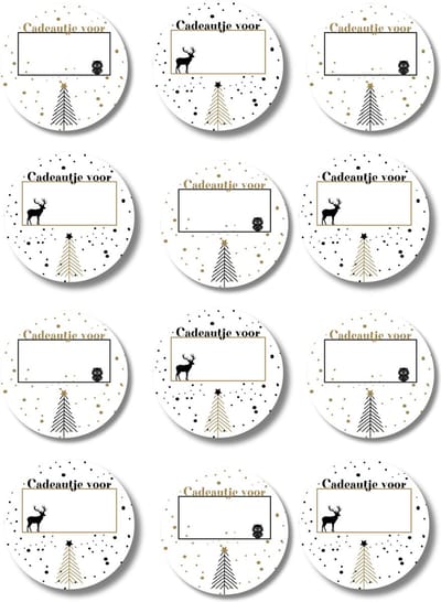 Kerst etiketten 12 stuks - Stippen - Goud - Zwart - Wit - Groot 5 cm - Rendier - Uil - Stickers - Om een naam op te schrijven