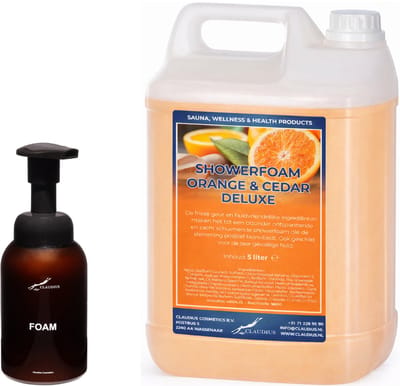 Foam Zeep 5 liter Orange & Cedarwood - met 300 ml dispenser (met bedrukking)
