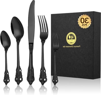 30-delige Matte Zwarte Bestekset van Hoogwaardige Roestvrijstalen Bestek met Gegraveerde Handgrepen, Perfect voor Feestjes en Cadeaus