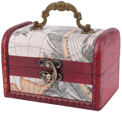 Dailygoods - Sieradendoos, vintage, miniatuur, hout, klein, Europese decoratieve doos van PU-leer, schatkist, retro, piraat, met handvat, voor sieraden, kralen en andere kleine voorwerpen, cadeau