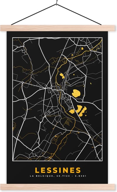 Posterhanger incl. Poster 40x60 cm - Schoolplaat - Kaart - Lessines - Stadskaart - Goud - Plattegrond - Textielposter - Blanke latten - Stadskaart