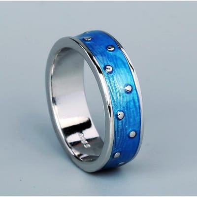 Bague Minimaliste Bande Fait Main Colle Simple Polyvalente Émail Bleu Mer Texture Pois Plaqué Platine Bague Femme No. 7 blue