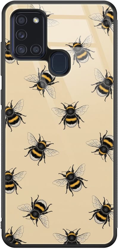 Hoesje geschikt voor Samsung Galaxy A21s - Bijen print - Luxe Glazen Hardcase - Print / Illustratie - Geel