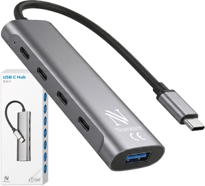 Nuvance USB C Hub - USB Splitter & USB Hub met 5 Poorten - USB 3.0 – 5Gbps - USB C Splitter - Universeel - USB C Dock - Zilver