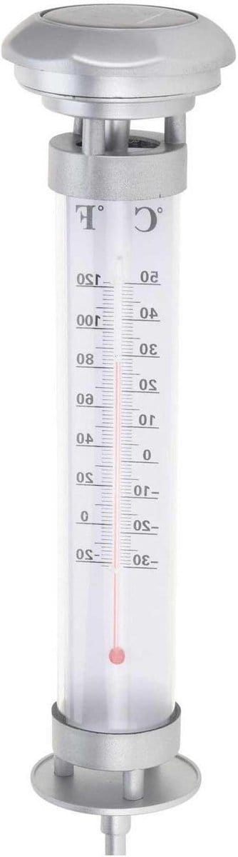 Tuinthermometer - Buitenmeter - Temperatuur Meten - Op Zonne-energie - 59 cm Hoog - Zilverkleurig
