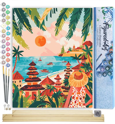 Figured'Art Schilderen op Nummer Volwassenen canvas Zonsondergang in Bali- Handwerk acrylverf Kit DIY Compleet - 40x50cm met DIY houten lijst