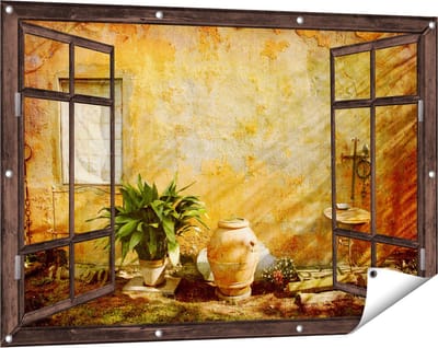 Gards Tuinposter Doorkijk Oude Stenen Muur - 120x80 cm - Tuindoek - Tuindecoratie - Wanddecoratie buiten - Tuinschilderij