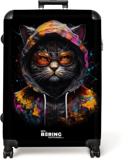 NoBoringSuitcases.com® - Koffer groot - Reiskoffer lichtgewicht - Kat met kleurrijk vest en oranje bril - Rolkoffer met 4 wielen - Grote trolley XL - 98 liter bagage