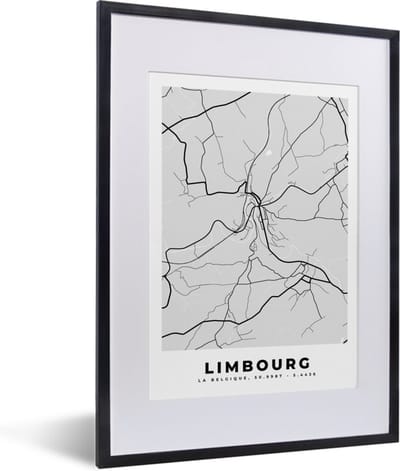 Fotolijst incl. Poster Zwart Wit- Stadskaart – Zwart Wit - Kaart – Limbourg – België – Plattegrond - 30x40 cm - Posterlijst