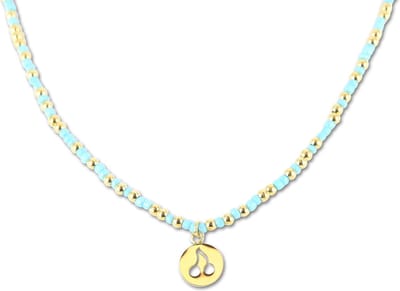 CO88 Collection 8CN-26306 Stalen Ketting met Kralen - Dames - Goudkleurig - 3 mm - Turkoois - 2,5 mm - Kersen - 10 mm - Lengte 70 + 7 cm