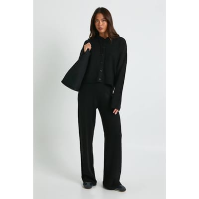 boohoo Dames Gebreide oversized hoody met knoopdoorloop en wijde broek | Zwart | Maat: Small