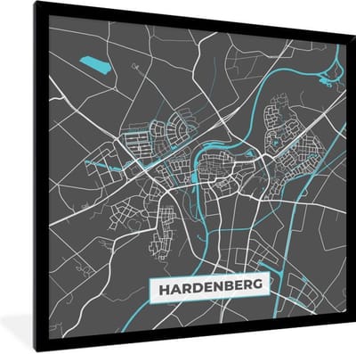 Fotolijst incl. Poster - Plattegrond - Hardenberg - Grijs - Blauw - 40x40 cm - Posterlijst - Stadskaart