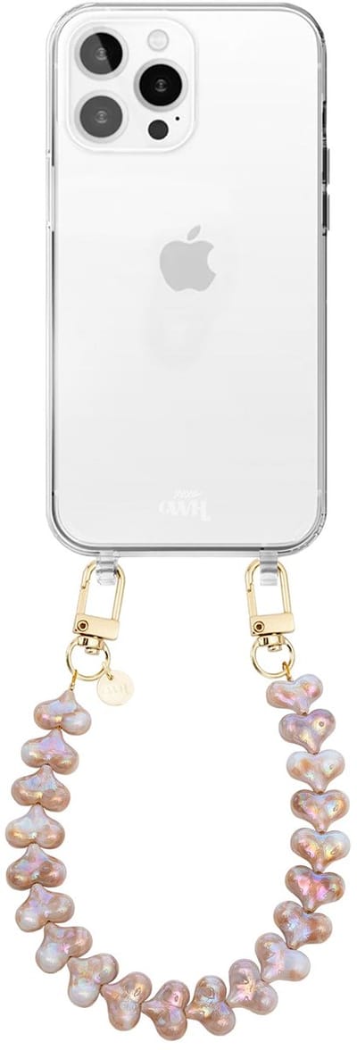 xoxo Wildhearts siliconen hoesje - Geschikt voor iPhone 16 Pro Max hoesje - Funky Hearts (Champagne Pearl) - Telefoonhoesje - Hoesje met koord - Champagne / Beige koord - kort telefoonkoord - Hartjes ketting - Transparant hoesje