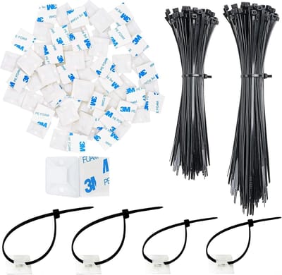 Kabelbinders en Houders - Kabel organizers - Kabelbeheer - Zelfklevende basis - 120 mm en 150 mm - Zwart