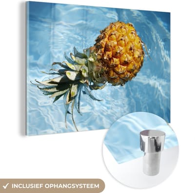 ® Glasschilderij 180x120 cm - Schilderij acrylglas - Ananas - Water - Zomer - Foto op glas - Muurdecoratie woonkamer - Wanddecoratie slaapkamer - Schilderijen