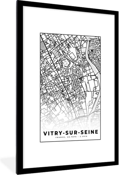 Fotolijst incl. Poster Zwart Wit- Stadskaart - Plattegrond - Kaart - Vitry-sur-Seine - Frankrijk - Zwart wit - 80x120 cm - Posterlijst
