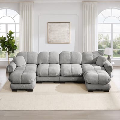 KOMHTOM Hoekbank - U-vormige modulaire bank - Chenille stof - 4-zits met 2 poefs - Lichtgrijs - Ergonomische rugleuning - Woonkamer