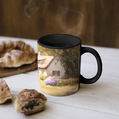 Magische Mok - Foto op Warmte Mokken - Koffiemok - Huisje - Hout - Bloemen - Magic Mok - Beker - 350 ML - Theemok