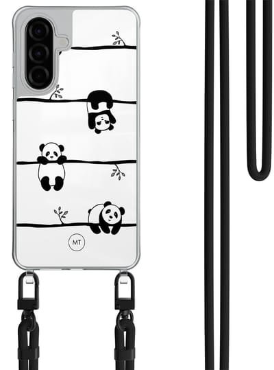 Hoesje met koord geschikt voor Samsung Galaxy A56 - Panda - Inclusief Zwart koord - Crossbody beschermhoes - Transparant, Zwart, Wit - Mooie Telefoonhoesjes