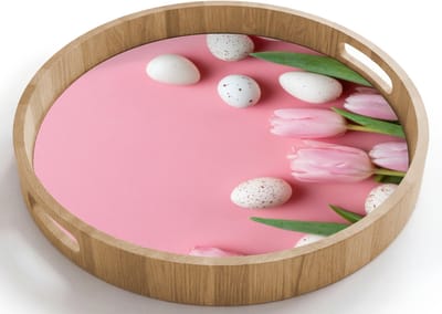 Dienblad rond 40x40 cm - Schootdienblad hout - Tulpen - Eieren - Roze - Pasen - Borrelplank rechthoek - Plateau houten dienbladen