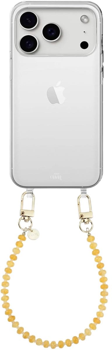 xoxo Wildhearts siliconen hoesje geschikt voor iPhone 17 Pro Max - Dusty Yellow - Kort koord - Telefoonhoesje - Hoesje met koord - Kralenketting - Geel telefoonkoord - Transparant hoesje