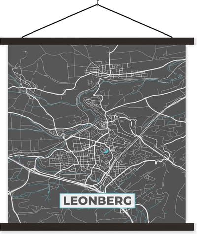 Posterhanger incl. Poster 60x60 cm - Schoolplaat - Leonberg – Stadskaart – Blauw – Plattegrond – Stadskaart – Kaart - Duitsland - Textielposter - Zwarte latten - Stadskaart