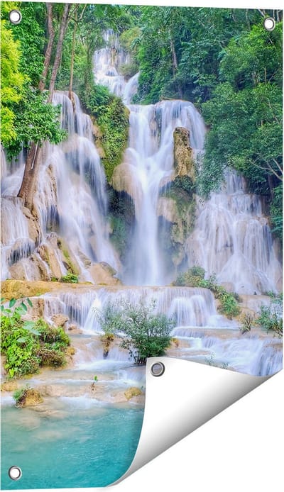 Gards Tuinposter Waterval in het Tropische Natuur - 40x60 cm - Tuindoek - Tuindecoratie - Wanddecoratie buiten - Tuinschilderij