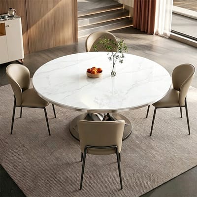 Luxe 5-Delige Eethoek: Ronde Eettafel Ø 150cm (Sintered Stone / Keramiek Marmerlook) inclusief 4 Kaki Eetkamerstoelen (Microvezel Leer) - Koolstofstaal Onderstel - Hittebestendig & Modern Design