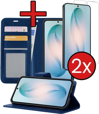 Hoesje - Met 2x Screenprotector - Geschikt voor Samsung Galaxy S26 - Luxe Pasjeshouder - Flip Case - Bookcase Portemonee - Kunstleer Book Case - Flipcase Hoes - Book Cover - Walletcase - Portemonneehoes - Telefoonhoes - Donkerblauw